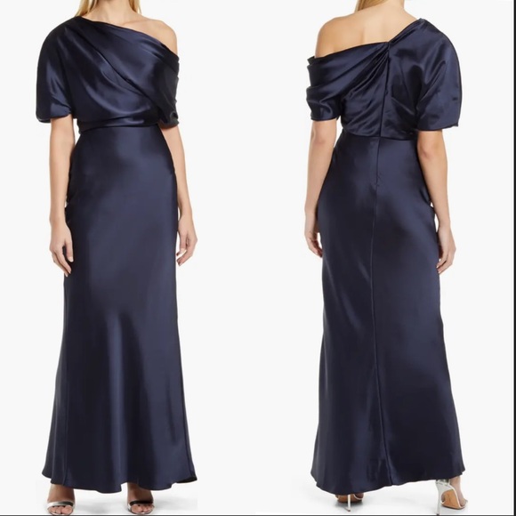 NWOT AMSALE One-Shoulder Fluid Satin navy Gown sz 2 - Picture 1 of 6